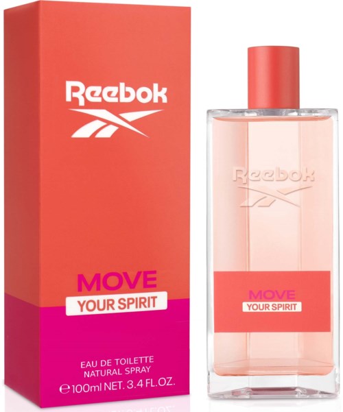 Een Reebok-parfumbottle en doos, roze en rood, met de slogan 'Move Your Spirit' en het Reebok-logo.