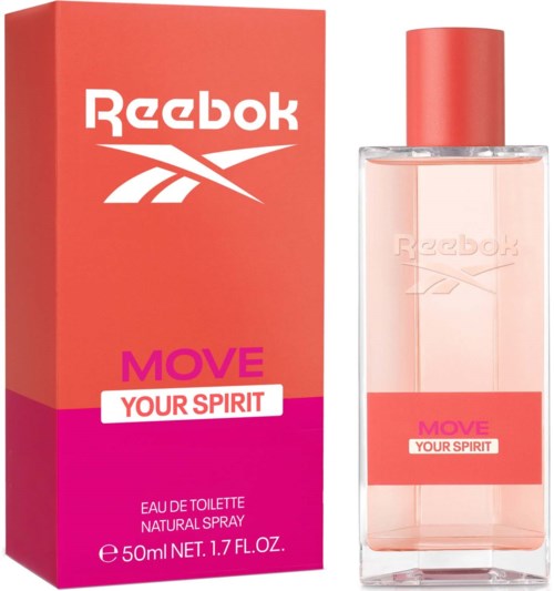 Reebok-logo op oranje doos, parfumfles met roze label en dop, tekst zegt "MOVE YOUR SPIRIT."