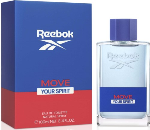 Reebok-logo op blauwe doos en fles met blauwe spraydop, met tekst over Move Your Spirit.