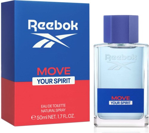 Een Reebok-parfumfles en bijpassend doosje, blauw en rood label, met tekst "MOVE YOUR SPIRIT," 50 ml.