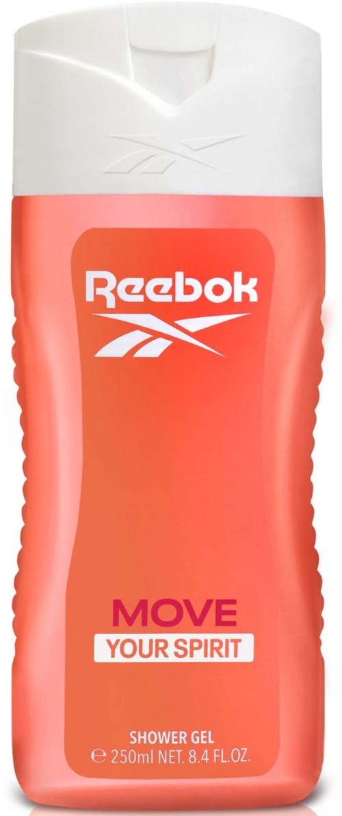 Een Reebok douchegelfles met witte en roze kleuren, toont het merk en slogan.