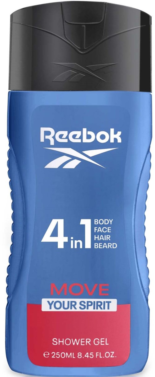 Reebok 4-in-1 douchegel fles in blauw en zwart met tekst voor lichaam, gezicht, haar en baard.