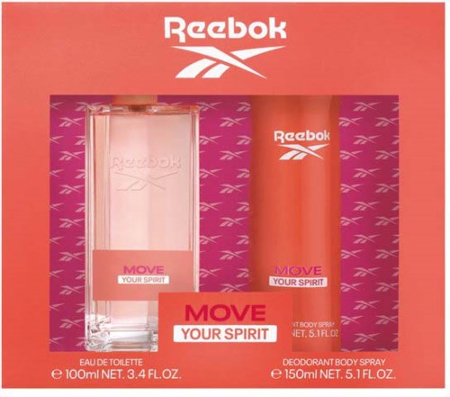Reebok MOVE fragrance set includes a perfume and deodorant spray with pink and orange packaging.