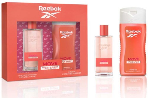 Een Reebok parfum set met fles, spray en doos in rood en wit.