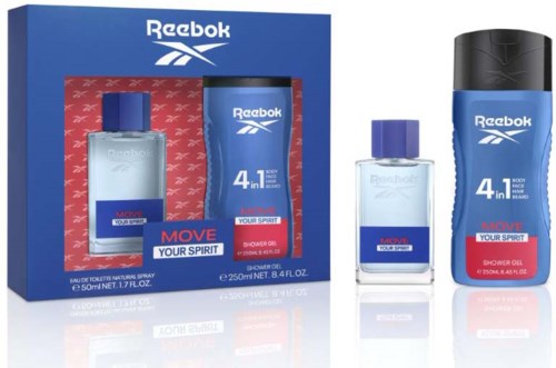 Reebok suihkugeeli ja varteloaiveschong in sinivärisissä pulloissa, Reebok-brändätty ja 4-in-1-formulalla miehille.