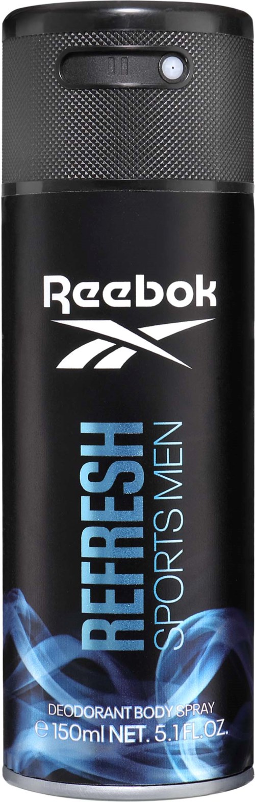 Een zwarte spraybus met Reebok Refresh deodorant voor heren, met blauwe en witte tekst en ontwerp.
