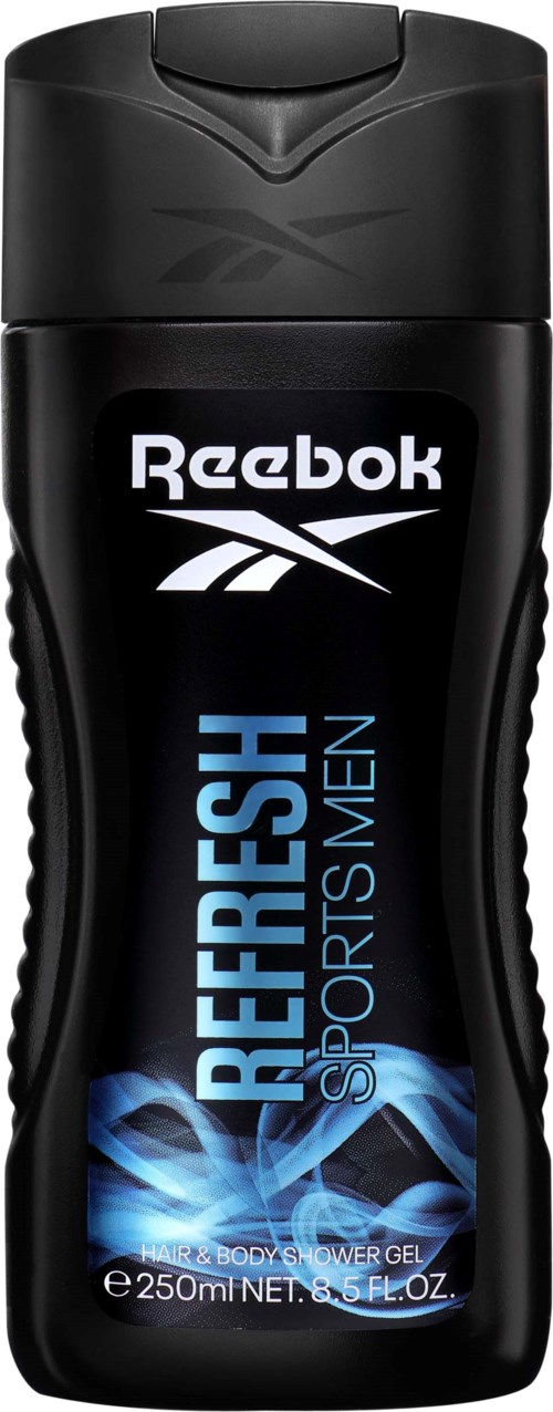Een zwarte fles Reebok Refresh Sport Men badgel, 250 ml, met Reebok-logo en blauwe ontwerp.