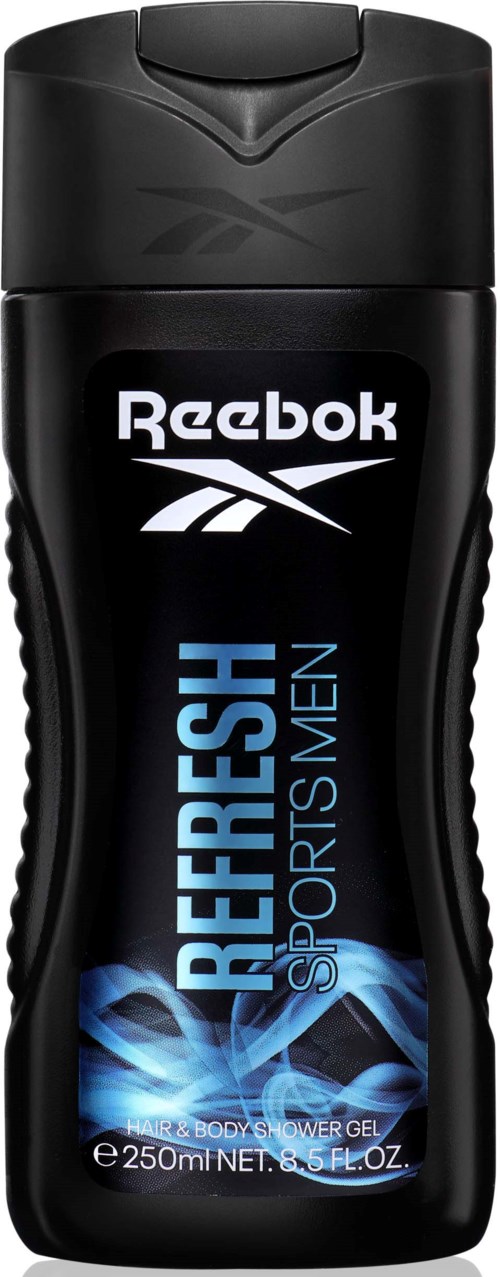 Zwarte Reebok douchegelfles met blauwe en witte label, vermeldt Reebok, verkwikkende geur, 250ml voor mannen.