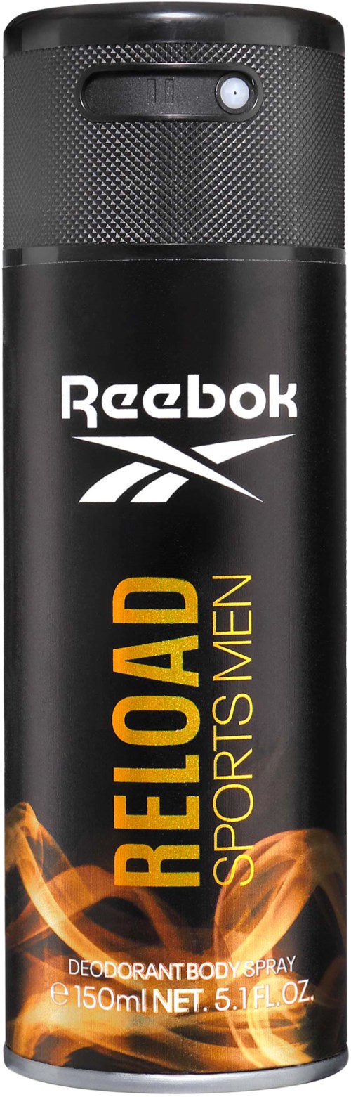 Een zwarte Reebok deodorant sprayspray met oranje vlammen en tekst voor heren.