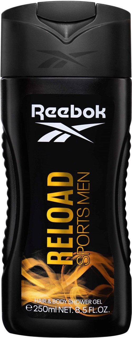 Musta Reebok urheilushampoo pullo, jossa oranssi ja keltainen muotoilu, merkki 'RELOAD SPORTISMEN' ja 250ml.