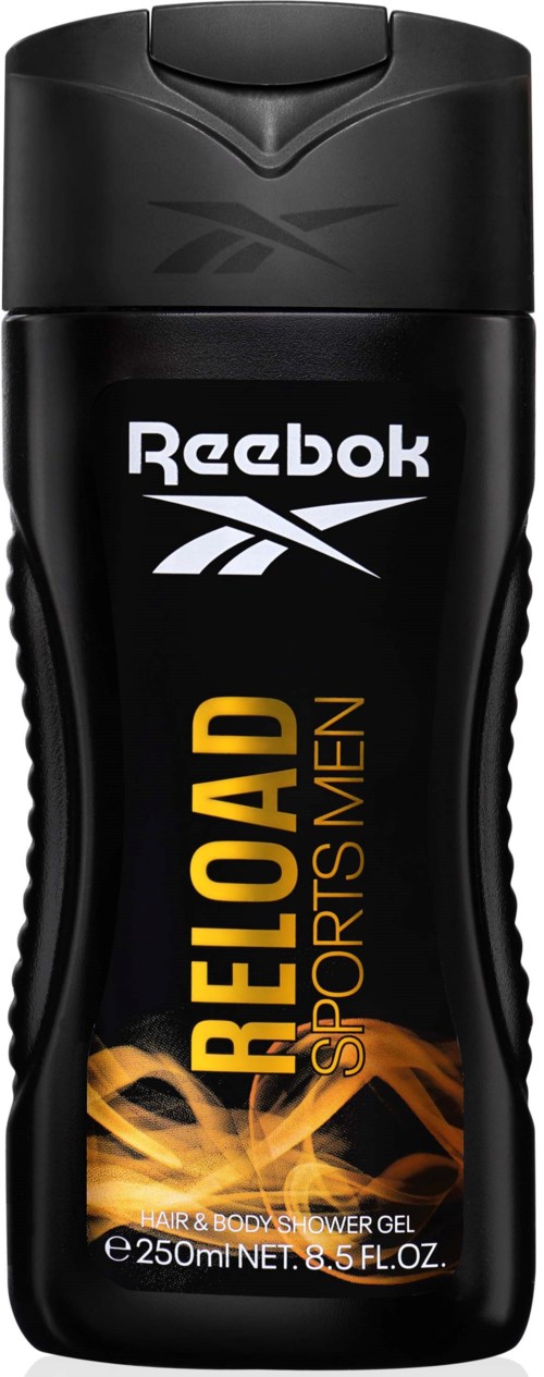 Musta pullo Reebok Reeload Sportsmen suihgelille, jossa on oranssi liekki ja valkoinen ja keltainen teksti.