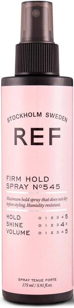 Eine rosa Sprayflasche mit der Aufschrift 'REF', aus Stockholm, Schweden, mit Einstellungen für Halt, Glanz und Volumen.