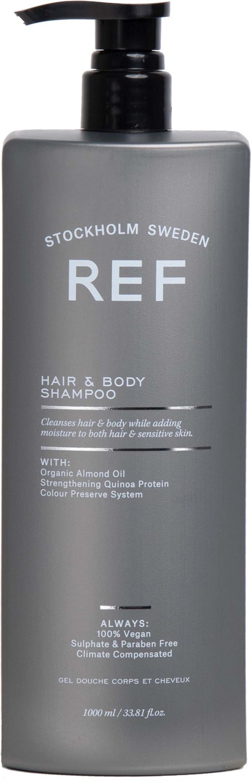 Graue Shampoo-Flasche mit Pumpe, bezeichnet "REF Stockholm Sweden," für Haar und Körper.