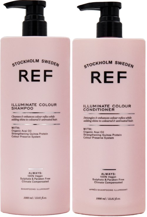 Kaksi pulloa shampoota ja hoitoainetta Tukholmasta Ruotsista, vaaleanpunainen, mustat pumppupäät, merkintä REF.