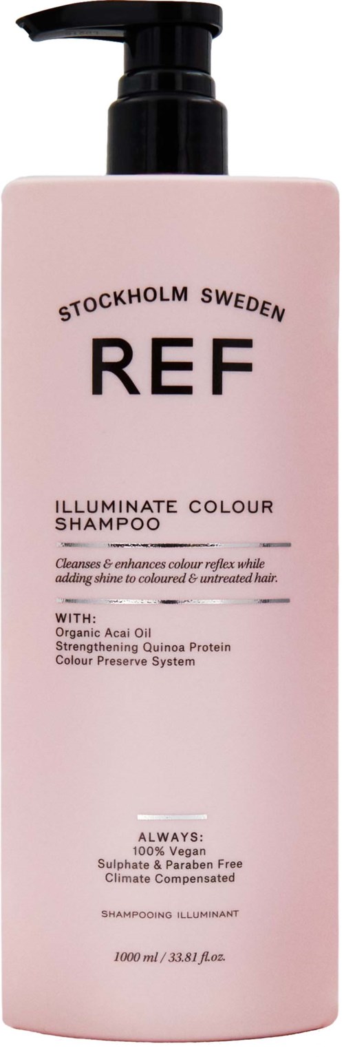 Pinke Shampoo-Flasche mit schwarzem Pumpkopf, beschriftet 'REF' und erwähnt strahlende Haarfarbe. Enthält natürliche Öle und vegane Inhaltsstoffe.