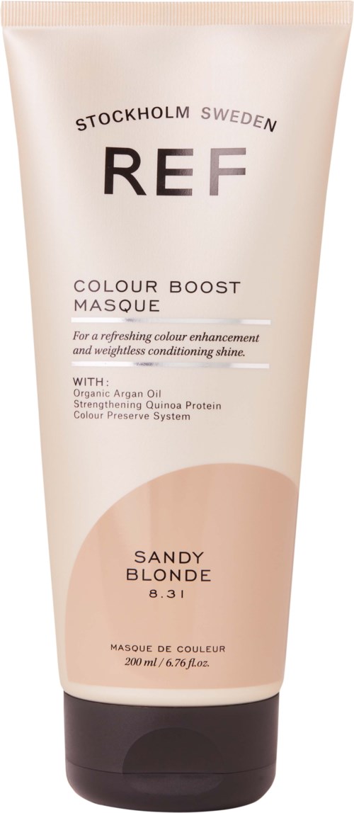 Eine Tube Haarmaske mit der Aufschrift REF Colour Boost Masque, für blondes Haar, mit Bio-Zutaten, aus Stockholm, Schweden.