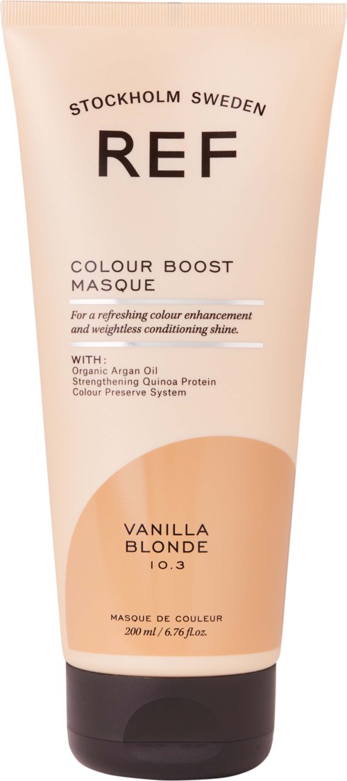 A beige tube with black cap shows skincare product, "REF Colour Boost Masque," with vanilla blonde scent, 200 ml.