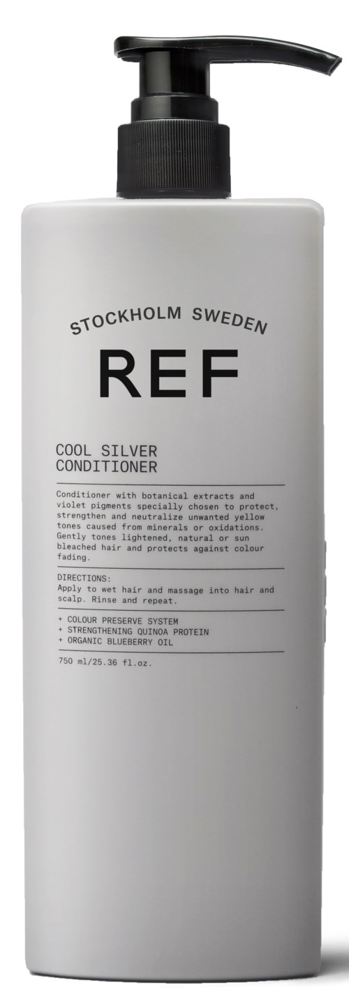 En vit flaska med en svart pump, märkt 'REF STOCKHOLM SWEDEN COOL SILVER CONDITIONER', för hårvård.