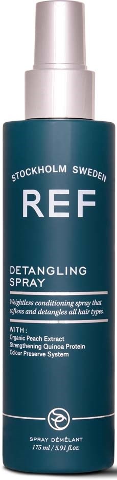 Een blauwe sprayfles gemerkt 'REF Detangling Spray' uit Stockholm Zweden, bevat ingrediënten en instructies.