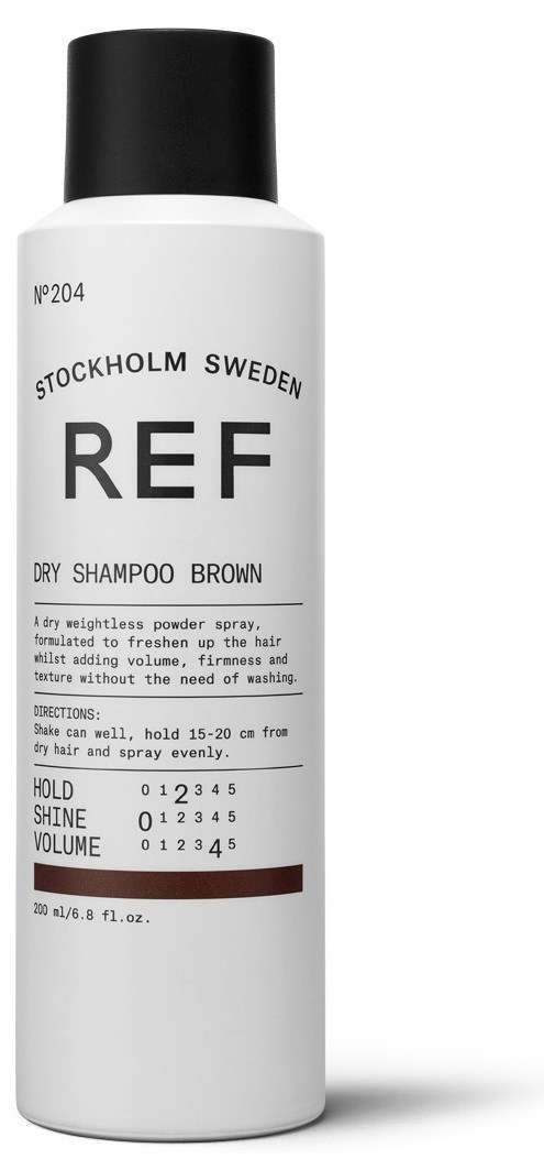 A white bottle with a black cap, labeled as dry shampoo brown from Stockholm, Sweden, with instructions and usage details.