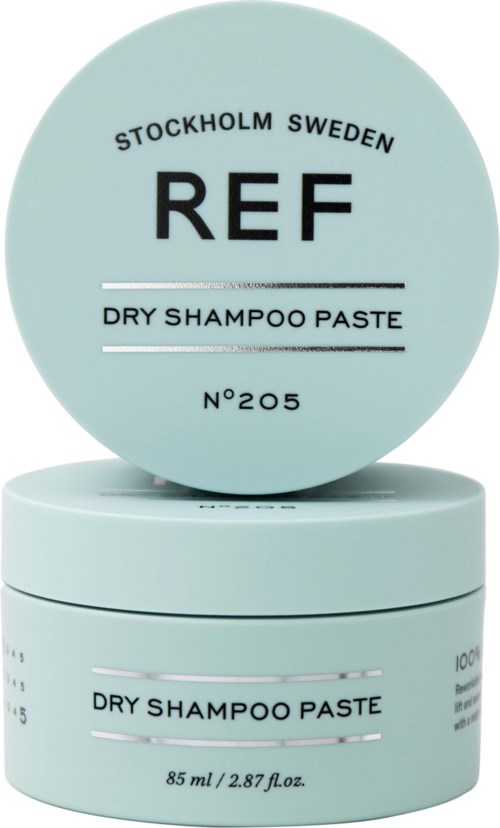 Light blue container with black text, labeled as dry shampoo paste, from Stockholm, Sweden, with product number 205.