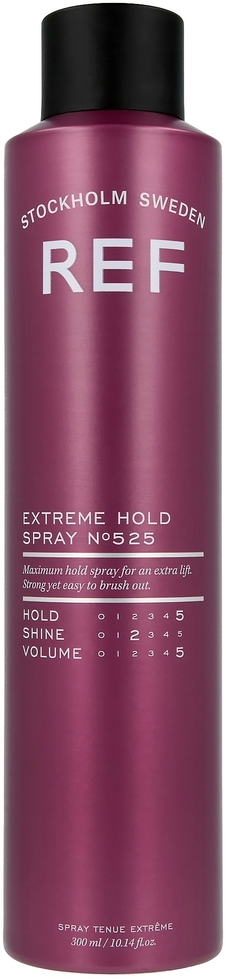 En lång, rosa burk med svart lock, märkta 'REF Stockholm Sweden' och 'Extreme Hold Spray'.