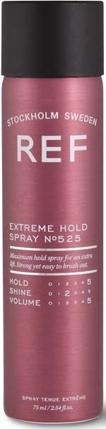 En rosa sprayflaska med svart lock, märkt 'REF EXTREME HOLD SPRAY NO 525' från Stockholm, Sverige.