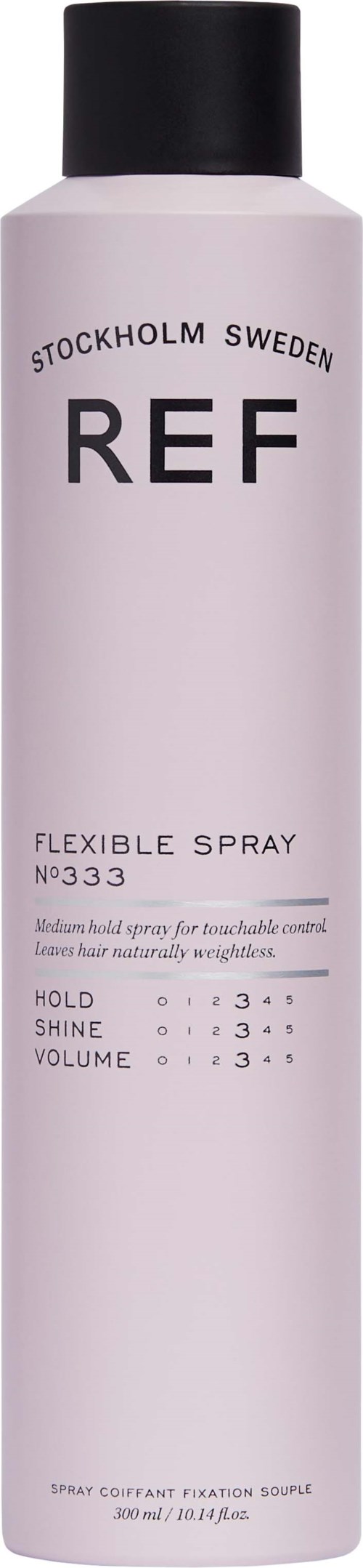 Eine rosa Flasche mit dem Label REF aus Stockholm, Schweden, beschreibt einen flexiblen Spray für Halt, Glanz und Volumen im Haar.