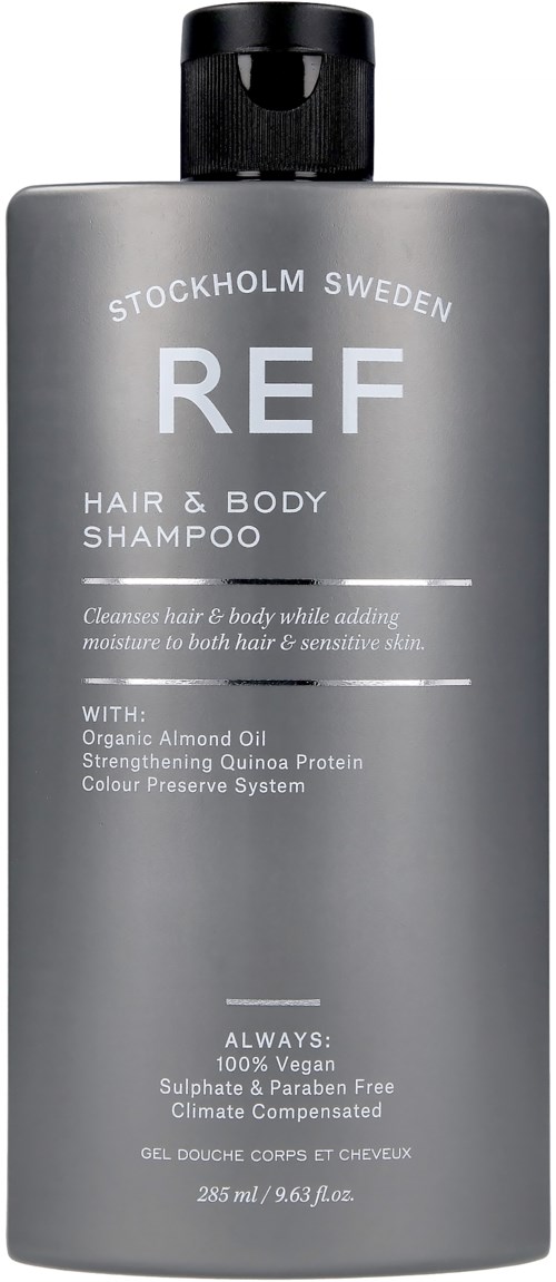 Eine graue Shampooflasche mit der Aufschrift 'REF' und Text zu Inhaltsstoffen und Pflege.