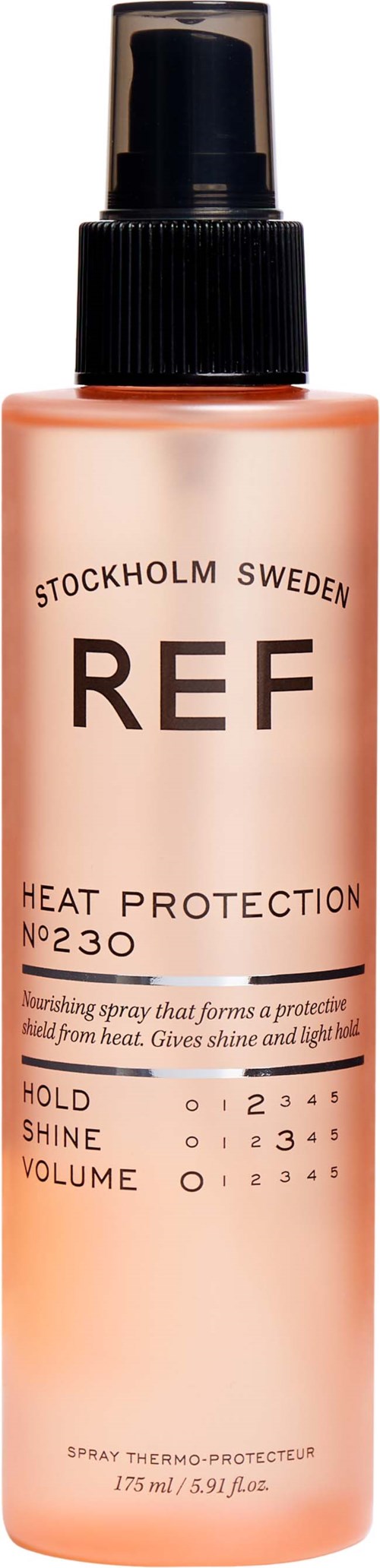 Eine pfirsichfarbene Hitzeschutzsprühflasche von REF, Stockholm, Schweden, mit schwarzem Sprühkopf und Volumenregler.