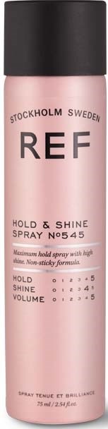 Vaaleanpunainen suihkepullo mustalla kannella, merkintä 'REF Hold & Shine Spray No 545,' Tukholmasta, Ruotsi.