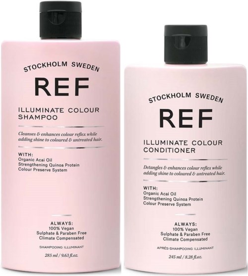 Kaksi vaaleanpunaista shampoopulloa ja hoitoainetankka, jotka on merkitty 'REF' Tukholmasta, Ruotsista, mustilla kansilla ja tuotetiedoilla.