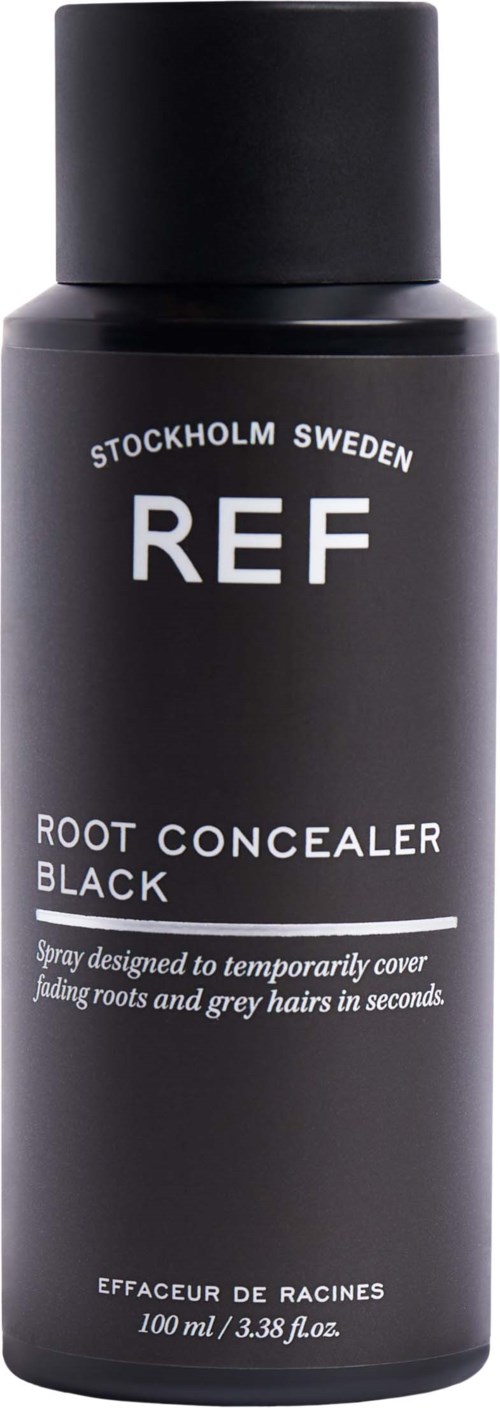 Schwarze Sprayflasche mit 'REF Root Concealer Black' aus Stockholm, Schweden, zum Abdecken von Haarwurzeln und grauem Haar.