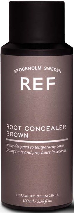 A brown bottle labeled REF Root Concealer from Stockholm, Sweden, designed to cover fading roots and grey hair quickly.