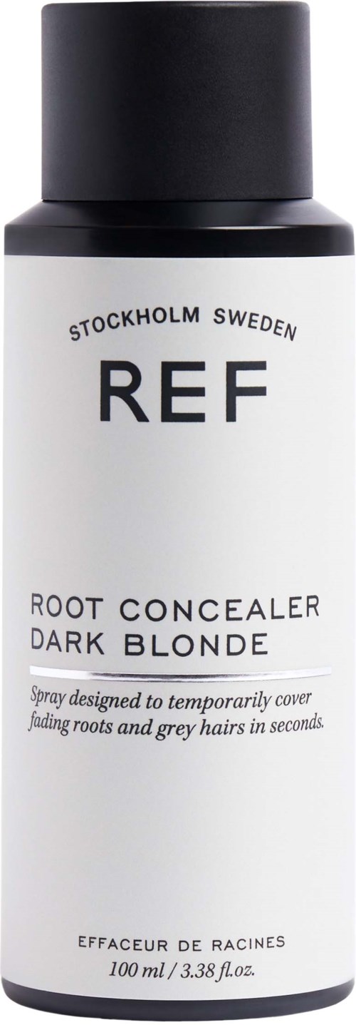 Eine weiße und schwarze Flasche mit 'REF' für Haarwurzeltäuschung, geeignet für dunkelblondes Haar zur Abdeckung von Wurzeln und grauen Haaren.
