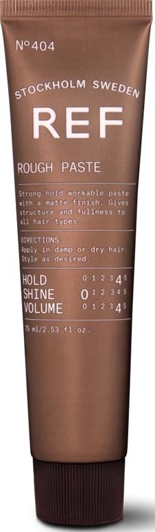 Een bruine tube met label 'REF Rough Paste' uit Stockholm Zweden, met instructies en volume informatie.