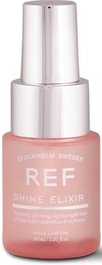 Pink flaske merket 'REF Shine Elixir' med sølvhette, for hårpleie. Svensk opprinnelse er nevnt.