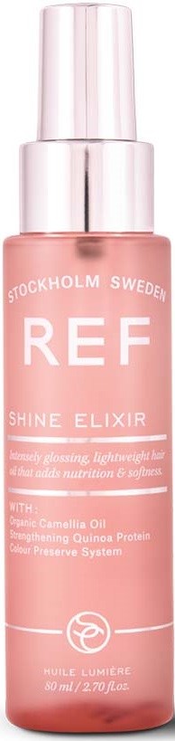 Eine rosa Flasche mit Pumpspender, gekennzeichnet REF Shine Elixir, aus Stockholm, Schweden, für Haarpflege und Glanz.