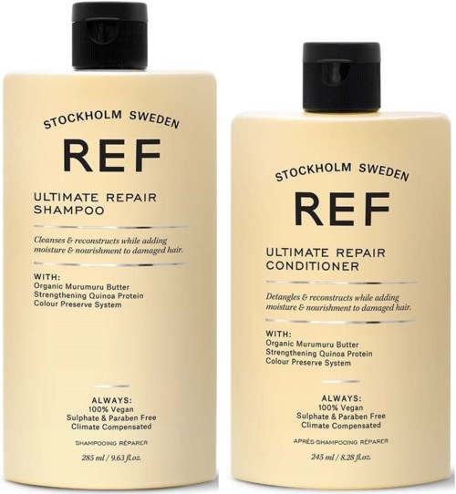 Zwei Flaschen Haarpflegeprodukte, eine für Shampoo, die andere für Conditioner, mit Marke und Inhaltsstoffen.