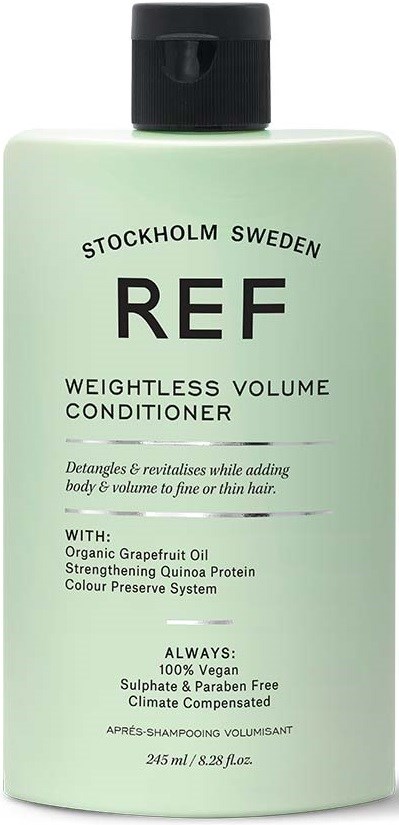 A light green bottle with black cap, labeled 'REF Weightless Volume Conditioner' from Stockholm Sweden, contains 245ml.