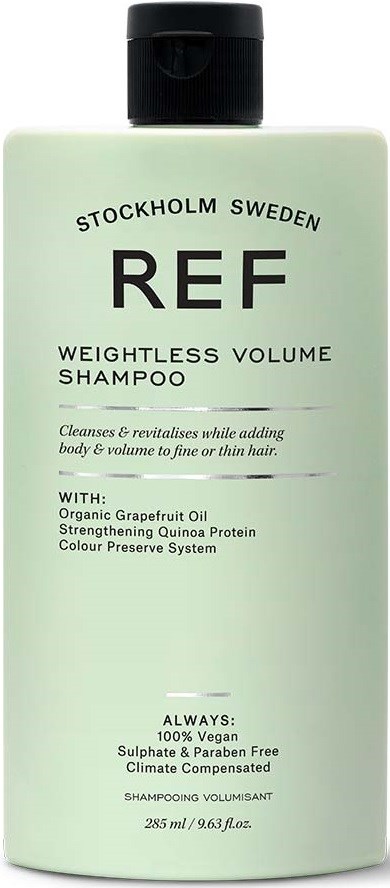 A light green shampoo bottle with black cap, labeled as REF weightless volume shampoo from Stockholm, Sweden.