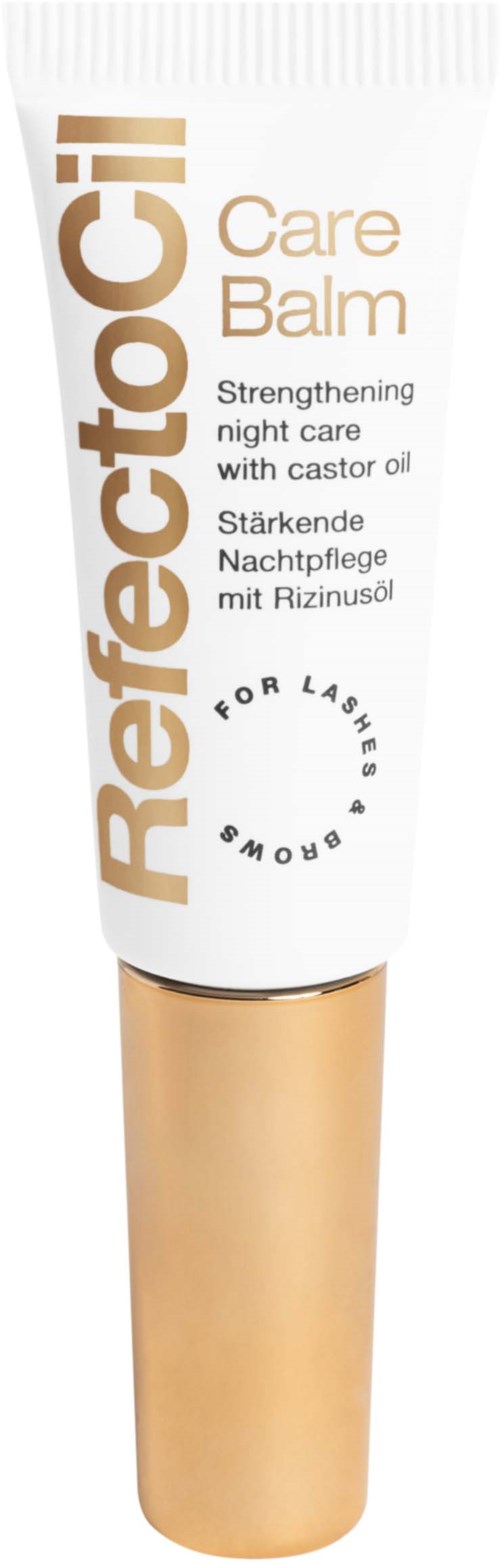 Een witte en gouden tube met 'RefectoCil Care Balm' voor versterkende nachtverzorging met castorolie.