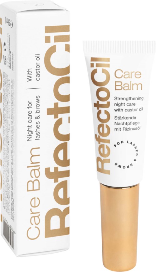 Een tube RefectoCil Care Balm naast de doos, voor nachtzorg van wimpers en wenkbrauwen met castorolie.