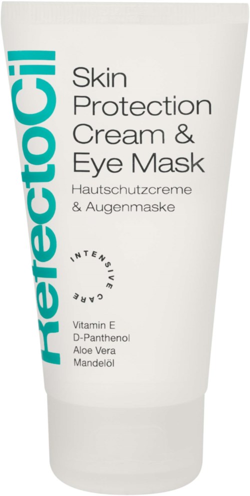 Een witte tube met huidverzorgingscrème en oogmasker met blauwe en zwarte tekst, bevat vitamine E en aloë vera.