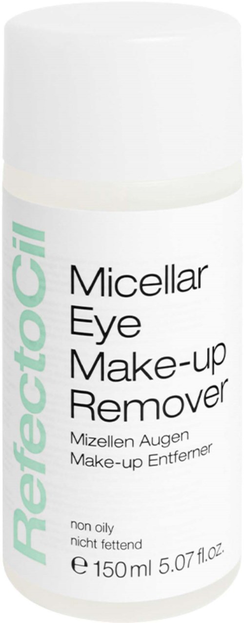 Eine weiße Flasche mit der Aufschrift 'RefectoCil Micellar Eye Make-up Remover' mit grüner und schwarzer Schrift, 150 ml.