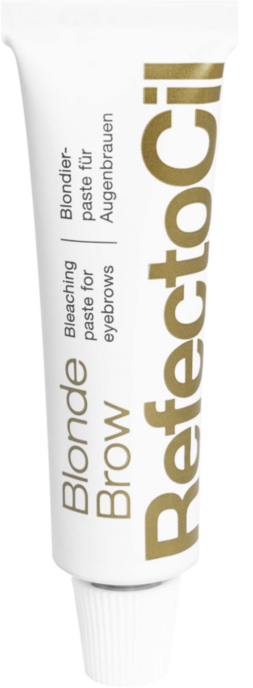 Een witte tube met de tekst 'Reactofacial' voor wenkbrauwbleken en kleuren. Woorden in goud en zwart.