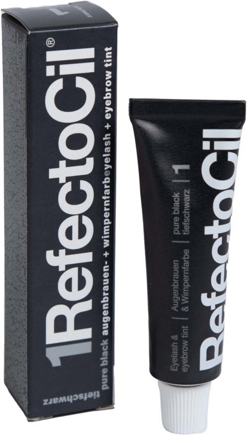 Eine schwarze Tube mit Augenbrauenfarbe und Verpackung mit weißem und grauem Text.