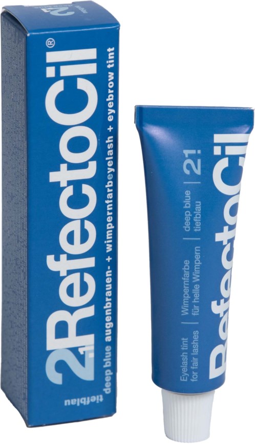 Blauwe tube en doos met RefactoCI 21, helpt wimpers en wenkbrauwen.