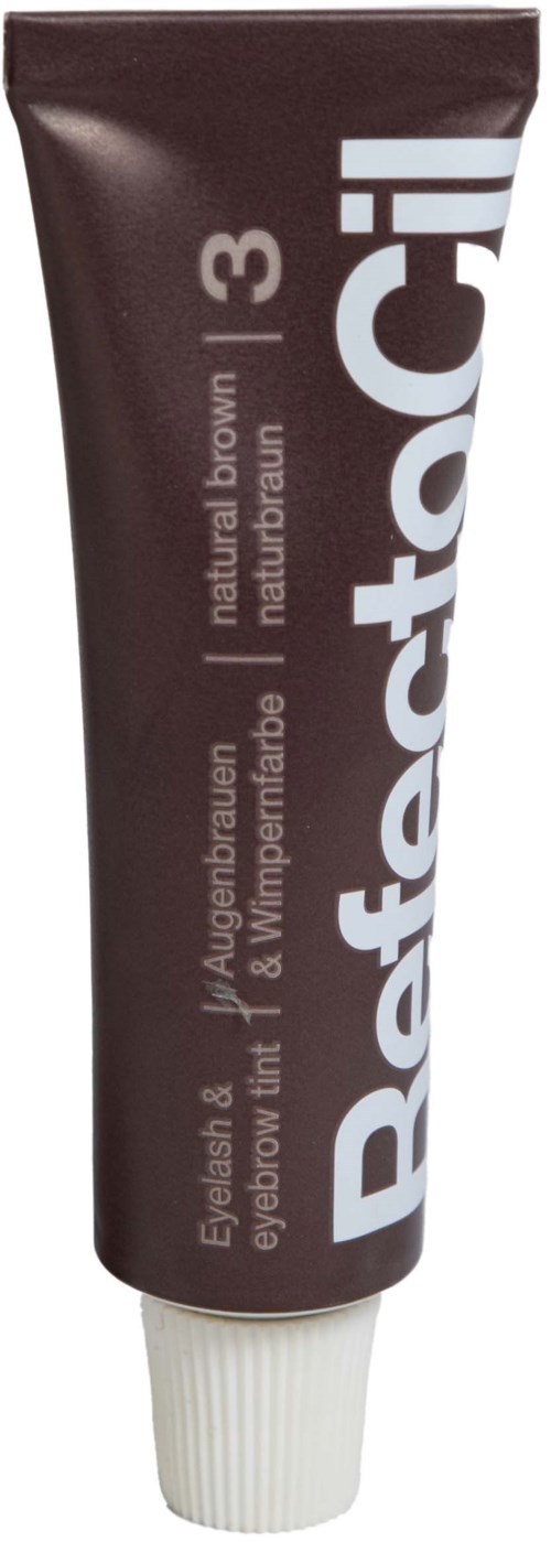 Ein brauner Tube mit weißer Kappe, beschriftet 'Rafactachil,' für Augenbrauen- und Wimpernfärbung.
