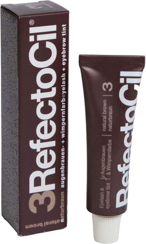 Eine Schachtel und Tube mit 3RefactoCI Augenbrauen- und Wimpernfarbe, dunkelbraun.
